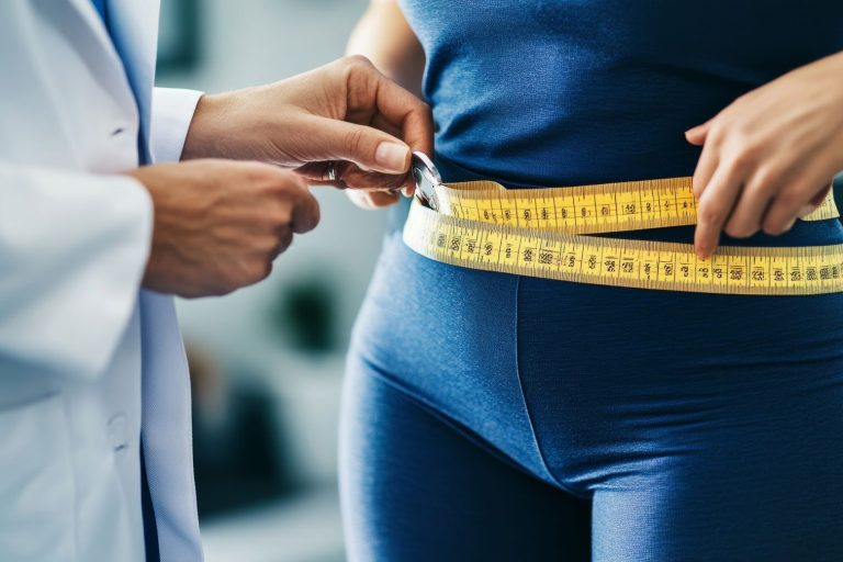 Bauchfett verlieren Arzt misst die Taille einer Patientin mit einem Maßband.