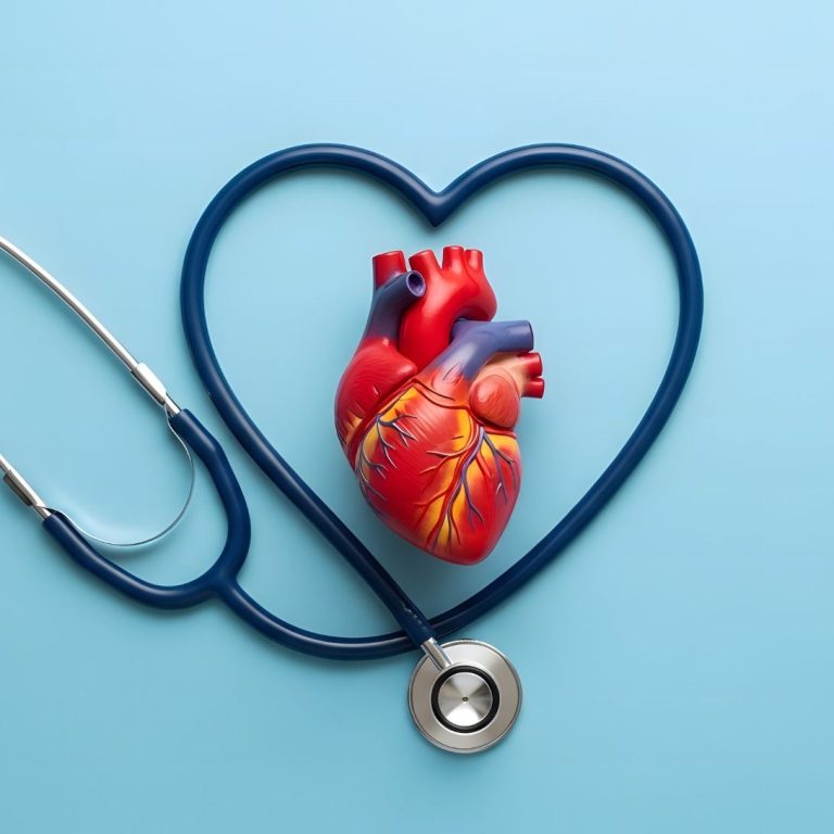 Blutdruck senken durch Fasten Ein anatomisches Herzmodell liegt in einem Stethoskop in Herzform.